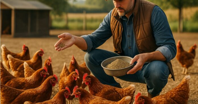 Hens being fed hemp seed meal